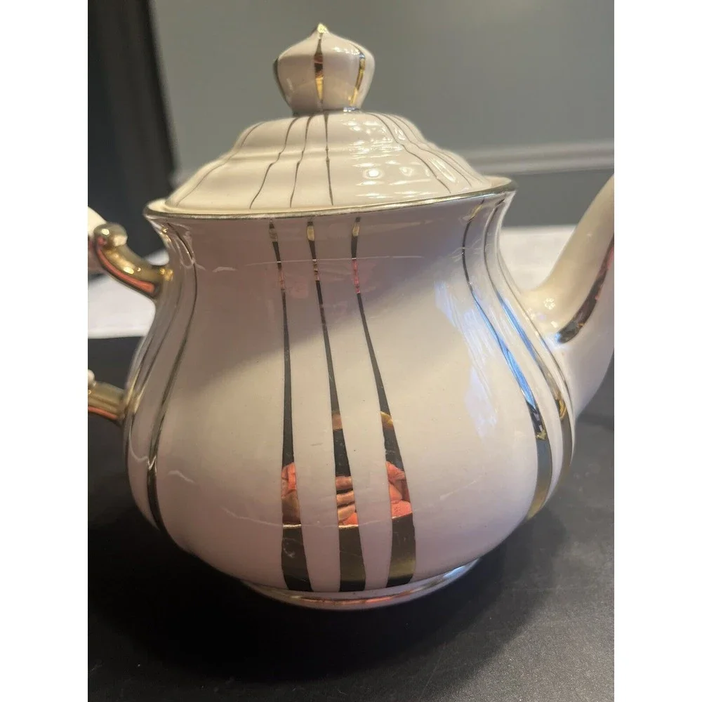 Vintage Sadler Teapot White w Gold Vertical Stripes England 3688